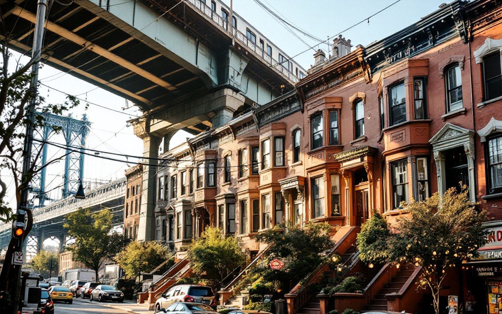 A row of brownstone stoops in late afternoon sun with the Manhattan Bridge behind