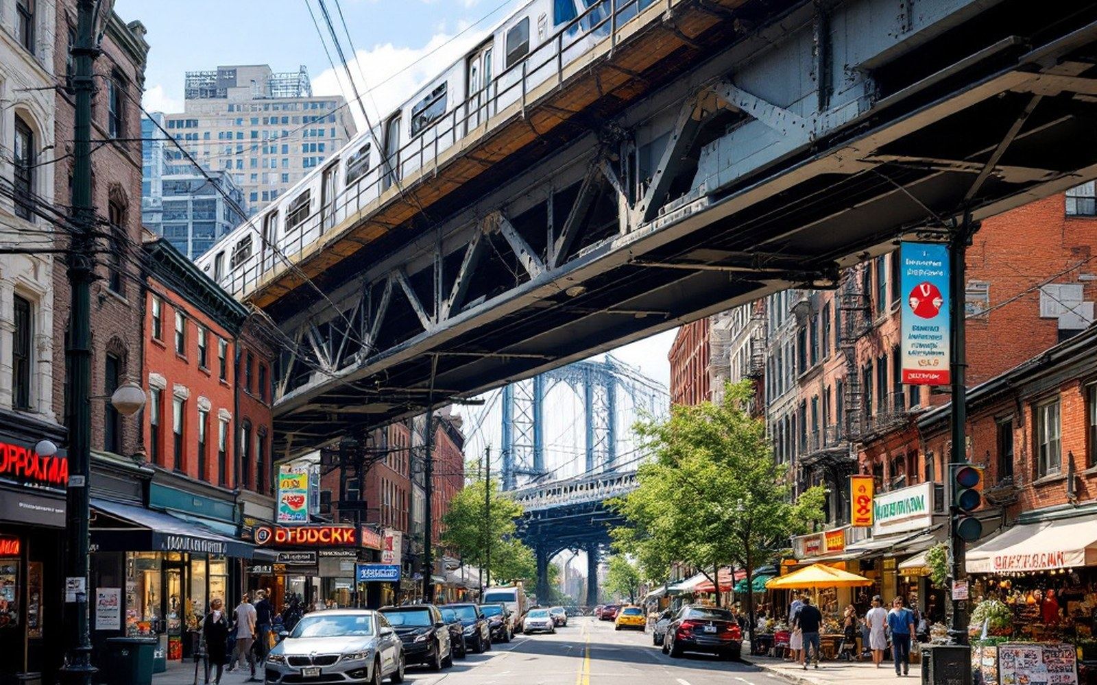 A busy avenue at dusk beneath an elevated line, shopfronts lit on both sides